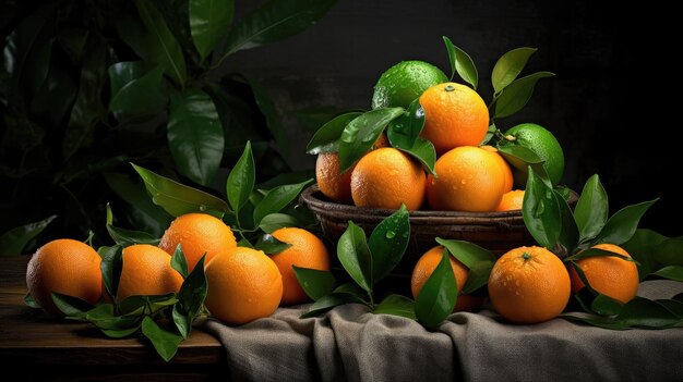 A basket of oranges with green leaves on a table