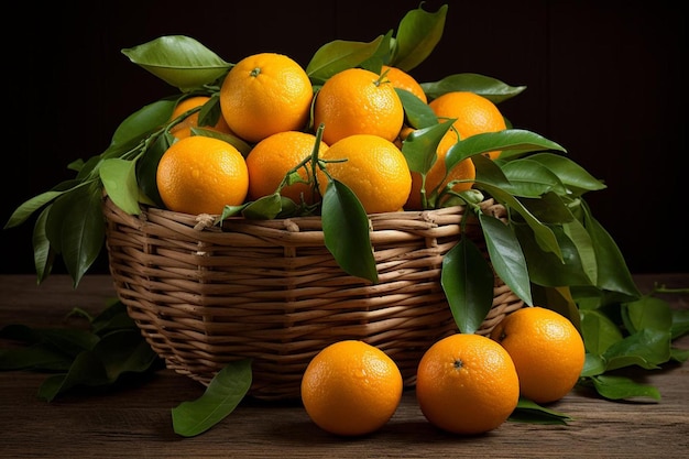 A basket of oranges with leaves and leaves on a table.