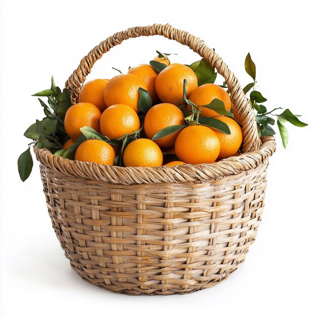 a basket of oranges with leaves and leaves on a white background