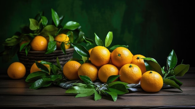 A basket of oranges with leaves on the table