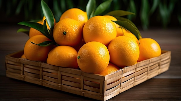 a basket of oranges with leaves