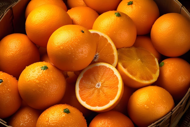 A basket of oranges with one cut in half and one half cut in half.