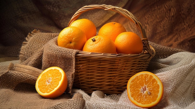 a basket of oranges with one that has the word  on it