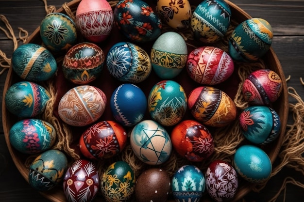 Basket overflowing with vibrant handpainted Easter eggs Generative AI