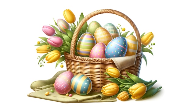 A basket of pastel Easter eggs with patterns beside bright yellow tulips