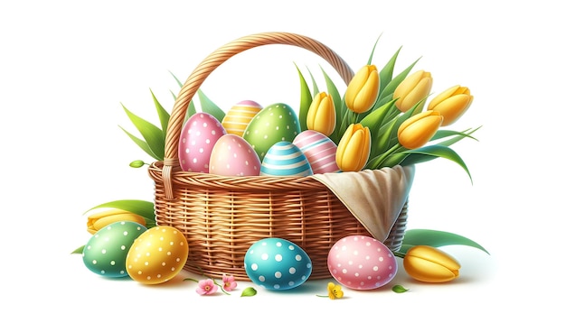 A basket of pastel Easter eggs with patterns beside bright yellow tulips