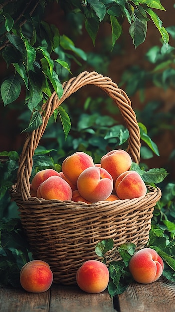 a basket of peaches is shown with a green leaf