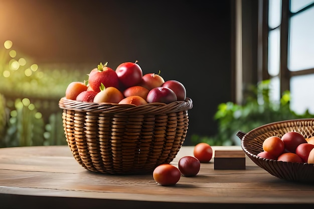 A basket of peaches sits on a table next to a bowl of tomatoes.