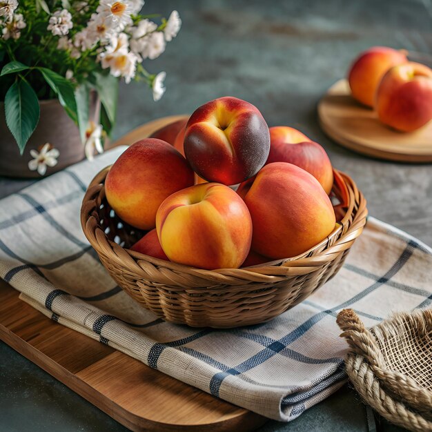 Photo a basket of peaches sits on a table with a flower in the background