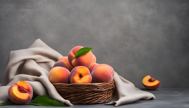 a basket of peaches with a green leaf on it