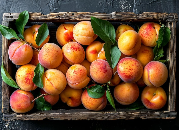 Photo a basket of peaches with leaves and a few leaves