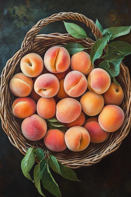 a basket of peaches with leaves and a leaf