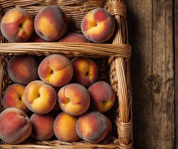 Photo a basket of peaches on wooden boards background