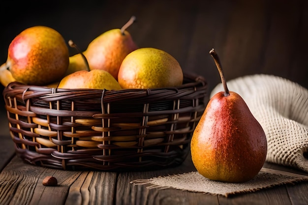 A basket of pears and pears on a table