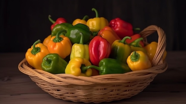 A basket of peppers is shown on a dark background.