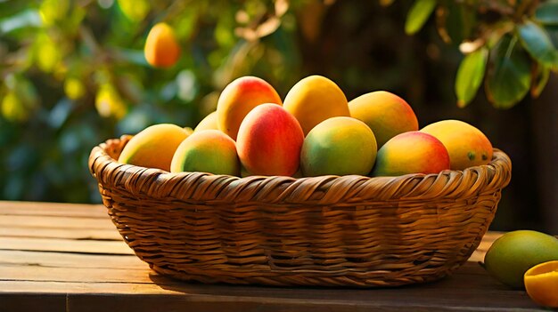 basket of perfectly ripe mangoes on a wooden table