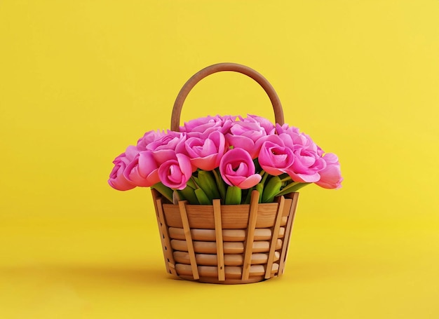 A basket of pink roses is on a yellow background.