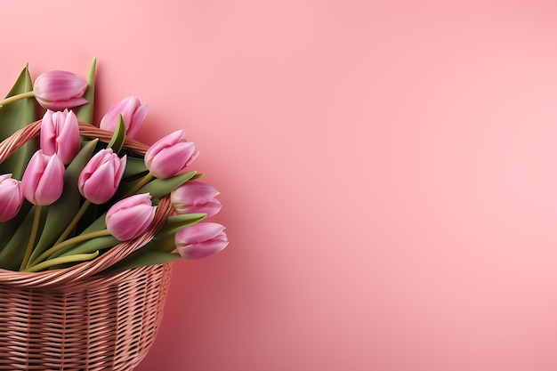 Basket of pink tulip flowers on a pink spring background