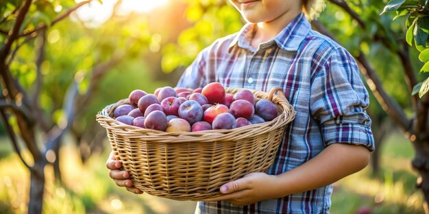 A basket of plums in the childs arms closeup