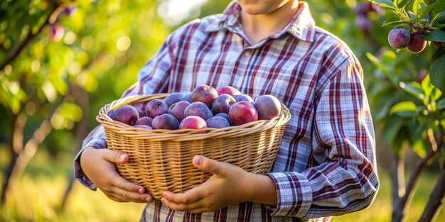 A basket of plums in the childs arms closeup