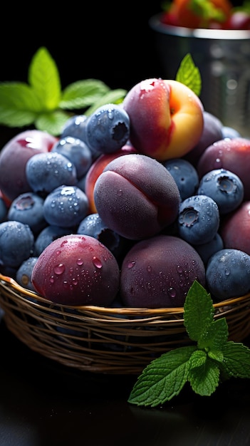 a basket of plums and plums with a green leaf