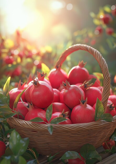 a basket of pomegranates with a sun shining through the leaves