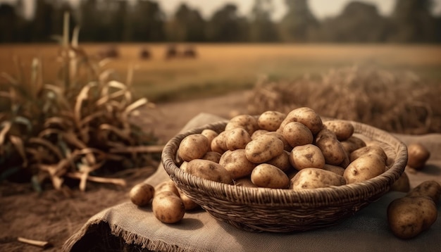 A basket of potatoes on a rustic table of potatoes field background Generative AI