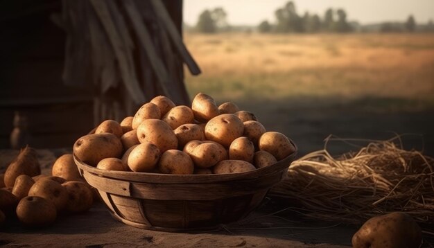 A basket of potatoes on a rustic table of potatoes field background Generative AI