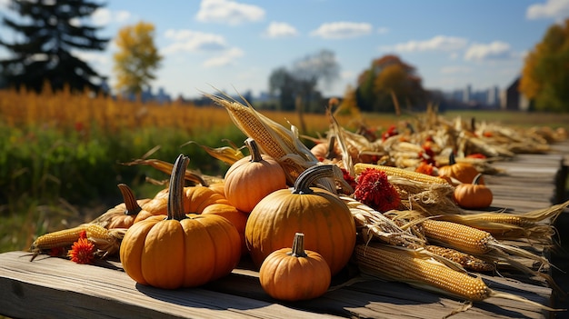 Basket Of Pumpkins Apples And Corn On Harvest Table With Field Trees And Sky Generative AI