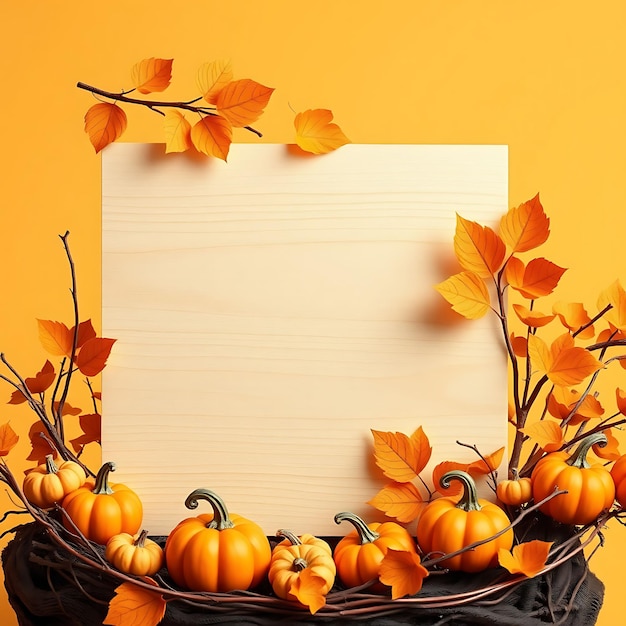 a basket of pumpkins and a book with a yellow background