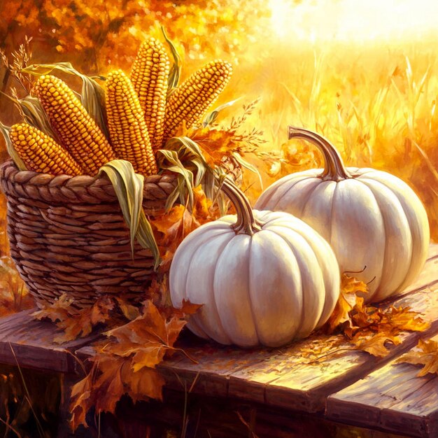 a basket of pumpkins and corn sit on a table in front of a sunlit background