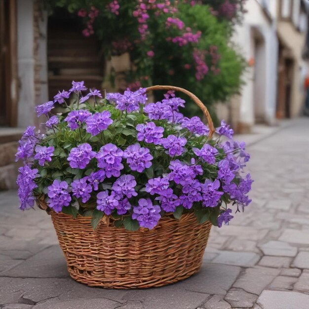 a basket of purple flowers is on the sidewalk in front of a building