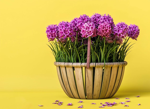 A basket of purple flowers with purple petals on a yellow background.