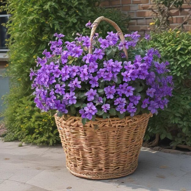 a basket of purple flowers with a wicker basket that says  spring