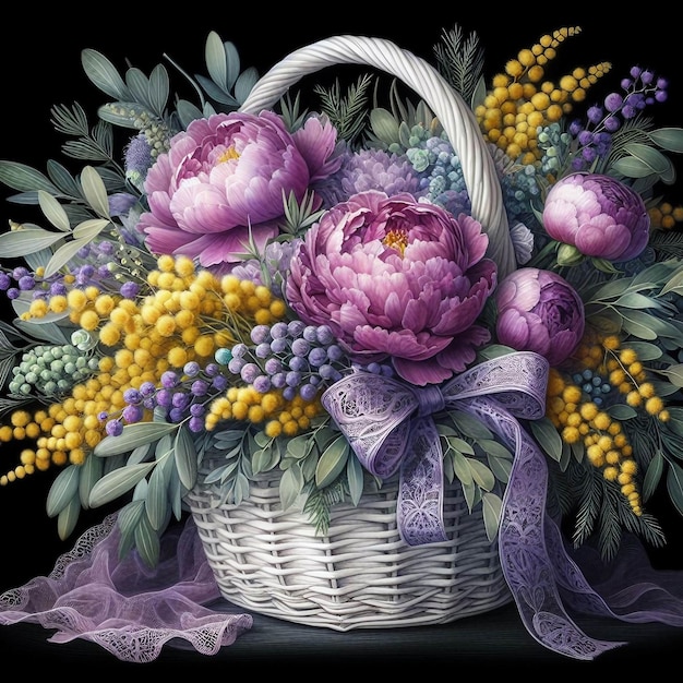 a basket of purple flowers