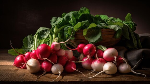 A basket of radishes and a bunch of green leaves