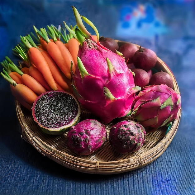 a basket of radishes and carrots are on a table