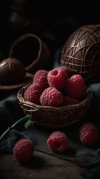 Photo a basket of raspberries sits in front of a chocolate egg.