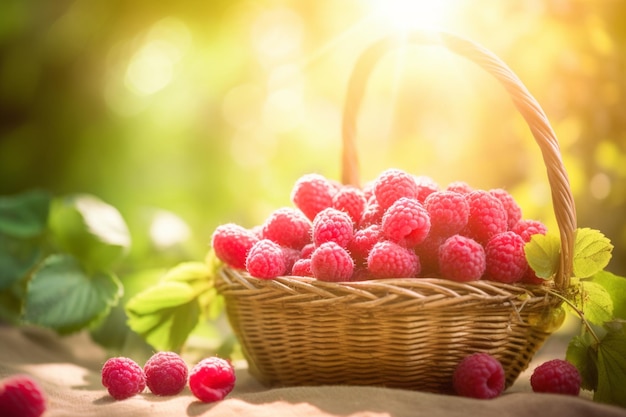 Basket of raspberries on a sunny day