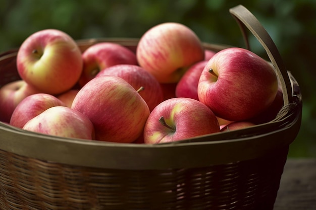 A basket of red apples with a green background