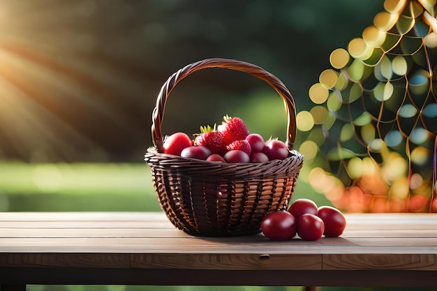 A basket of red currants sits on a table in front of a blurred background.