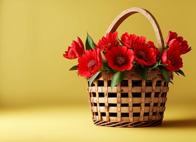 A basket of red flowers is on a yellow background.