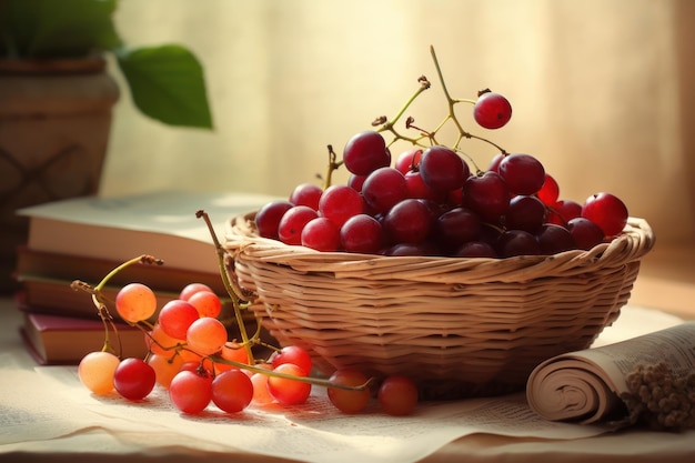 A basket of red and orange cherries on a table