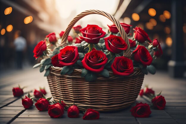 A basket of red roses with a basket of flowers on a table