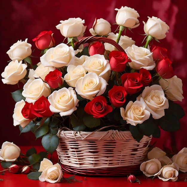 A basket of red and white roses delicately arranged against a bright red backdrop Ai Generated