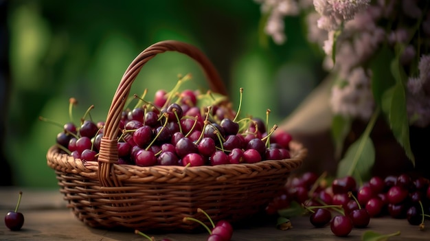 A basket of ripe cherries on a blurred natural background AI generation