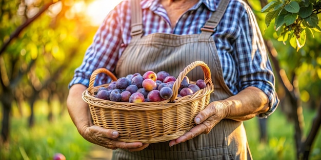 A basket of ripe plums in the old womans arms closeup