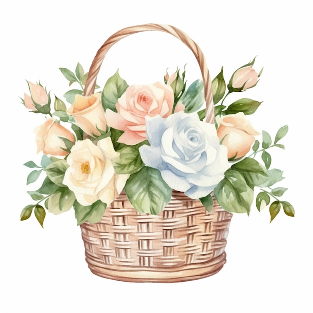 A basket of roses with leaves on a white background.