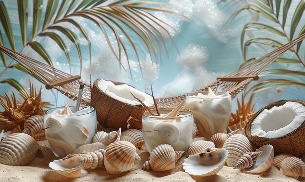 Photo a basket of shells and a palm tree on the beach