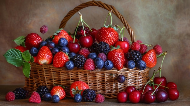 a basket of strawberries and blueberries with a basket of strawberries